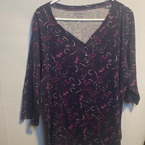 Croft & Barrow Dark Purple Women's Blouse with Pink Floral Design